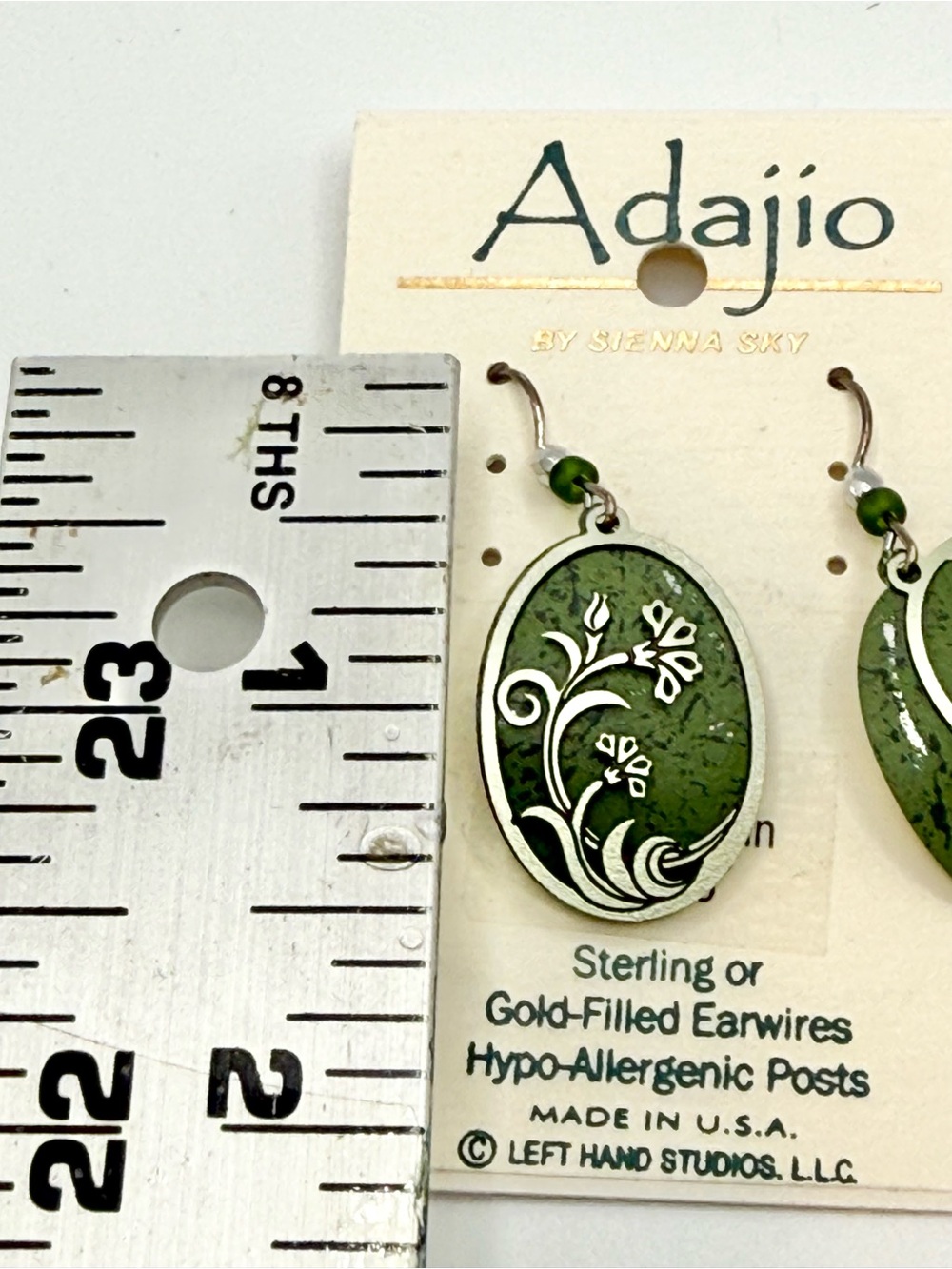 Adajio Earrings Light Pine Oval Moss Art Nouveau Flower Filigree Handmade - Picture 4 of 6